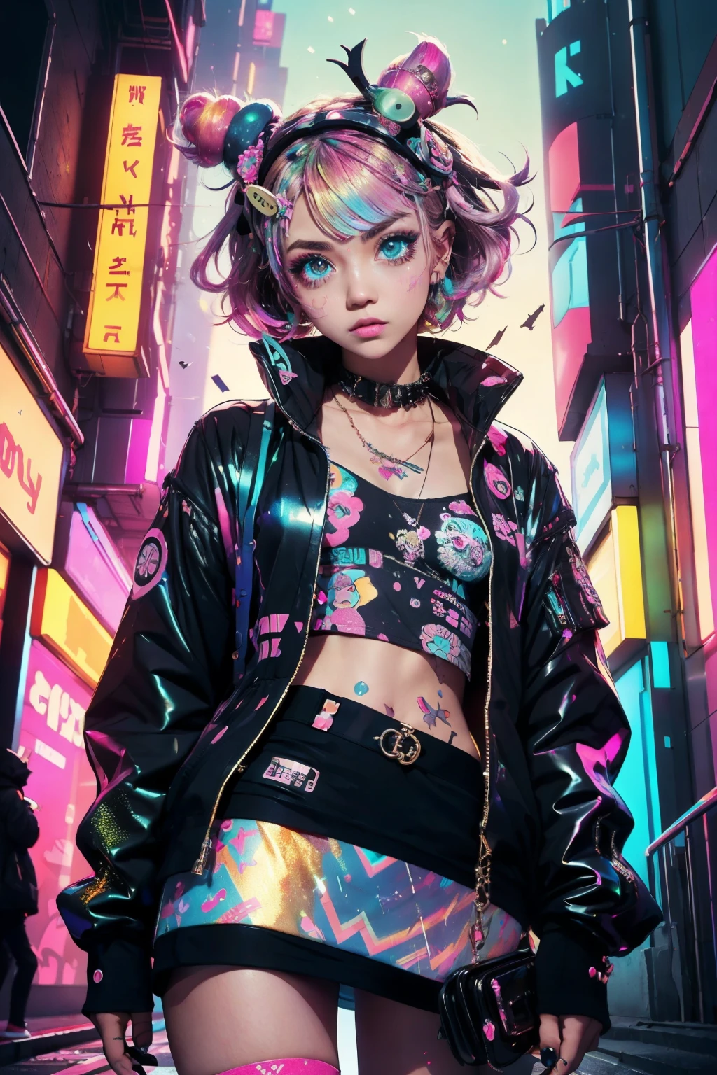 This is a cool cyberpunk and ornate (masterpiece). Generate a trendy decora woman in the colorful and busy streets of cyberpunk Akihabara, Tokyo. Generate a lovely decora and cyberpunk adult woman in the style of Artstation and cyberpunk Harajuku street fashion. Her clothes are vibrant in the Harajuku style. Include oversized accessories, neon colors, and inventive layering. The woman's clothes and accessories should be highly ornate in the ((((Harajuku decora)))) and cyberpunk kei style.  The woman's hair is curly and glossy and styled cutely. The woman's clothes and accessories should be highly ornate in the Harajuku decora and decora kei style. Her eyes are important and stunning, with interesting coloring and patterns. ((((iridescence and shimmer)))), glitter, best eyes, best quality, cyberpunk kei, visual kei, selfie, bold colors and patterns, LED lights, ((glowing neon signs)), ((ultra detailed)), ((dynamic composition)), (((decora)))