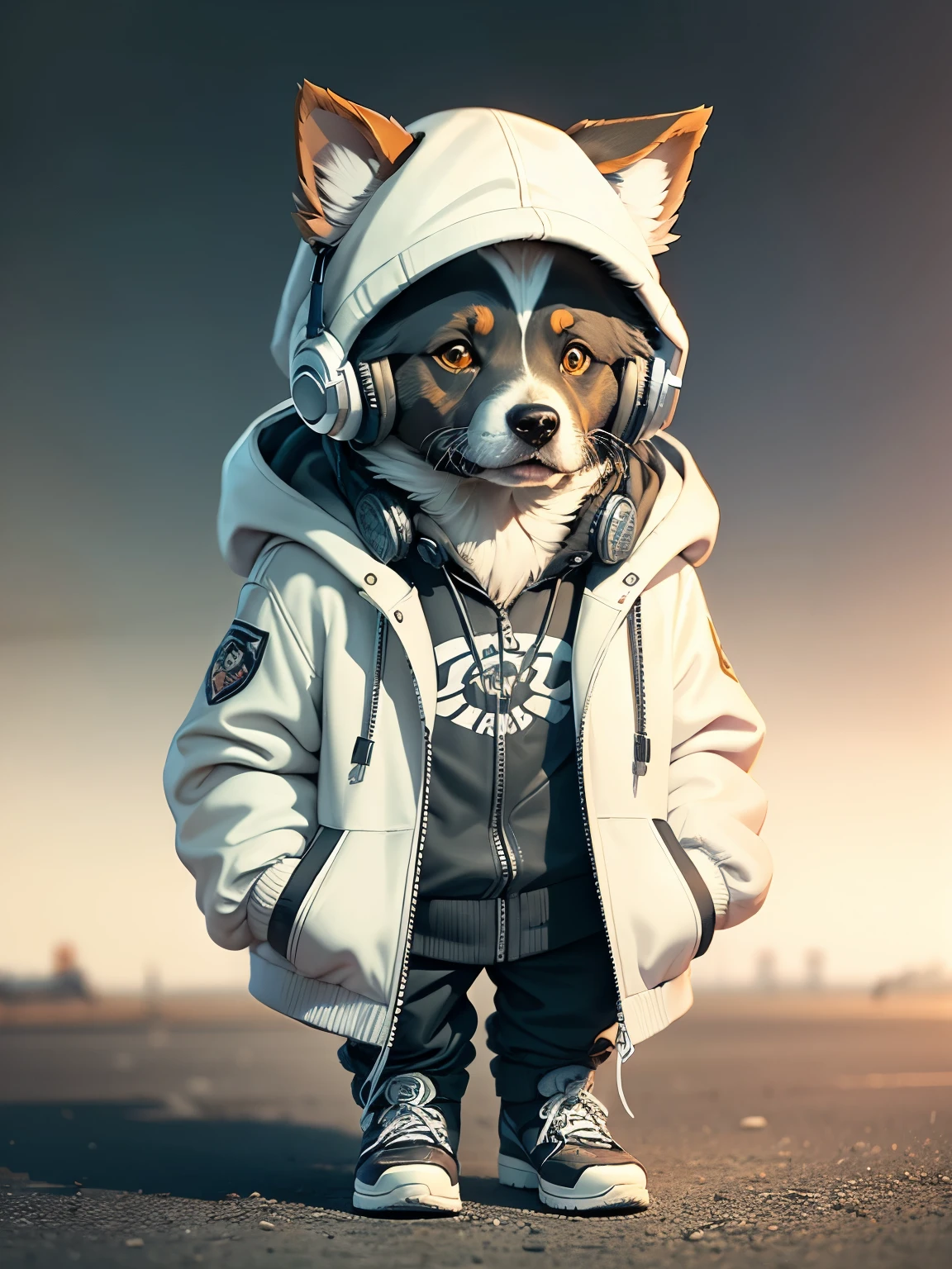 c4tt4stic, Cartoon dog breed Border Collie in a furry jacket, white leather pants, headphones and work boots
