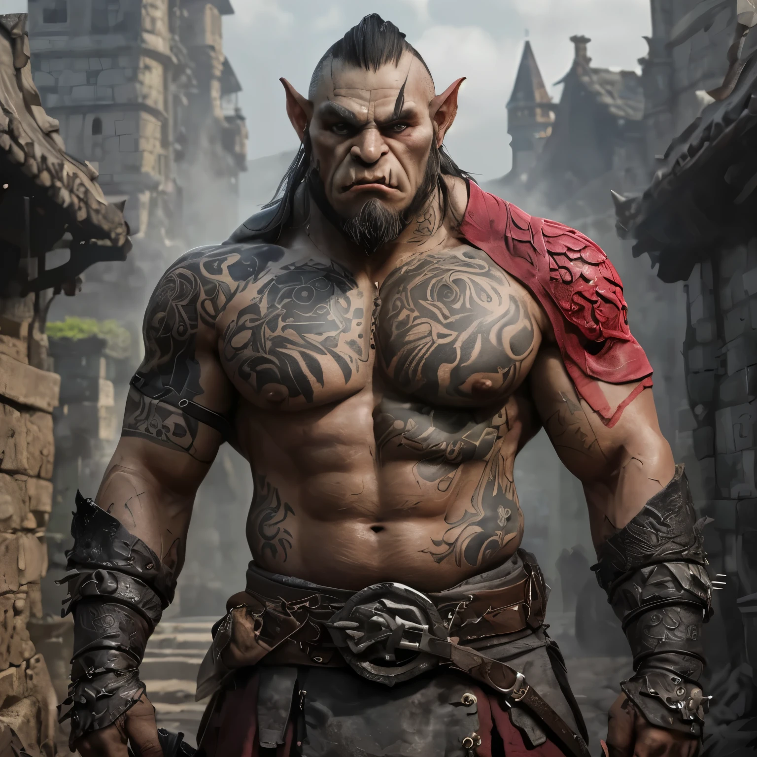 Demi-orc de donjon et dragons gris tatouage d'ours sur l'avant bras droit grand muscle yeux rouge  (best quality,4k,8k,High resolution,chef-d&#39;artwork:1.2),Ultra-detailed,(Realistic,photoRealistic,photo-Realistic:1.37), HDR,UHD,studio lighting,peinture ultra fine,sharpness,physics-based rendering,extremely detailed description,professionnel,Des couleurs vives full body 