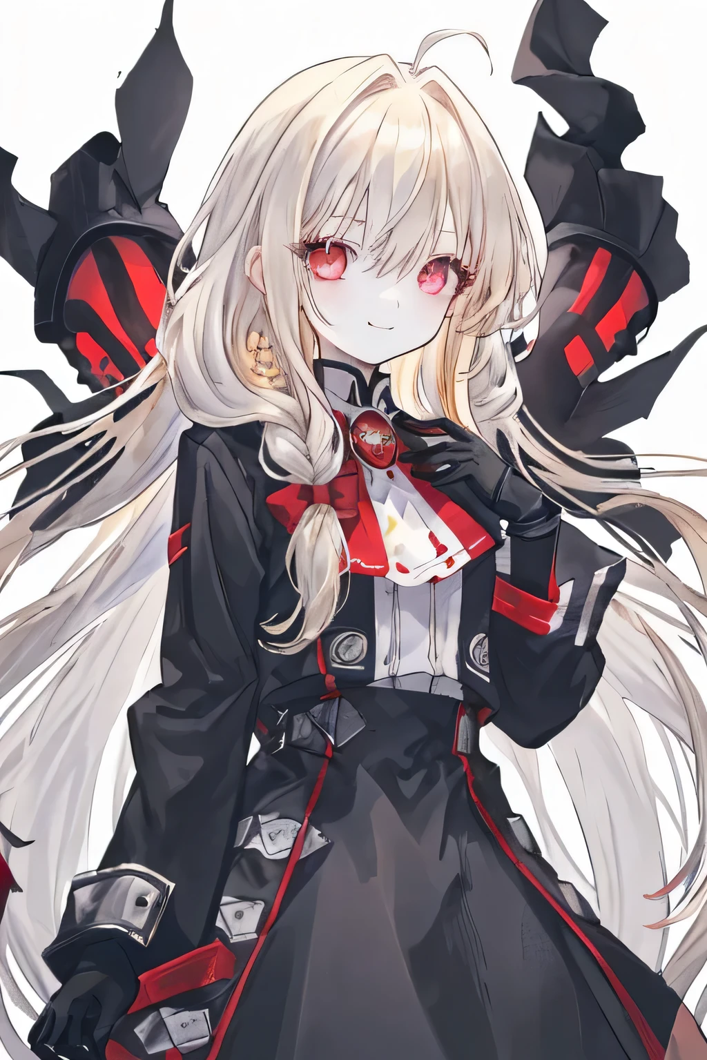 One girl, gloves, alone, Blonde, Hair on one eye, Long Hair, black gloves, White Background, smile, Simple Background,  View your viewers, Long sleeve, Upper Body, red ascot, coat, button, Jacket, ,Long Hair, alone, very Long Hair, Floating Hair, shirt, Long sleeve, white shirt, bangs,  Braiding,   Blurred, black Best, Are standing, Blurred foreground, neck ribbon, ribbon, From the side,  View your viewers, Best, smile, Shiny hair, Shiny, wood, Grey Eyes ,