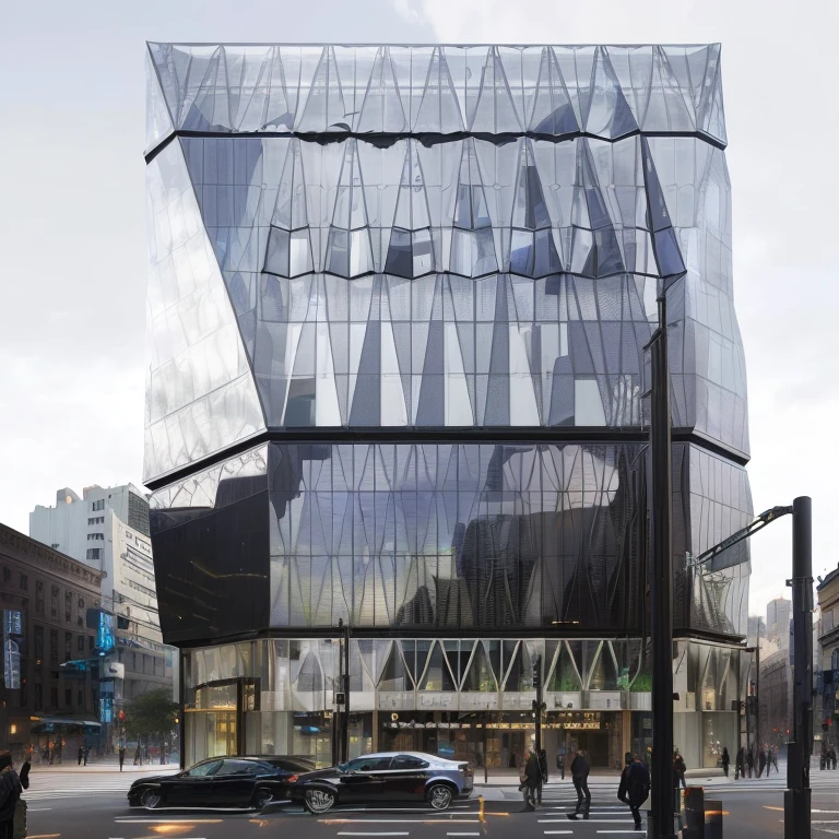 Arabic glass building with triangular designs on the sides, Lots of glass facades, Filled with transparent glass façade, Tall Obsidian Building, Sleek glass building, transparent building, from ground, Modern Glass Building, sins inc skyscraper front, like that, tokujin yoshioka, Foster parents and partners, vertical architecture, View from outside