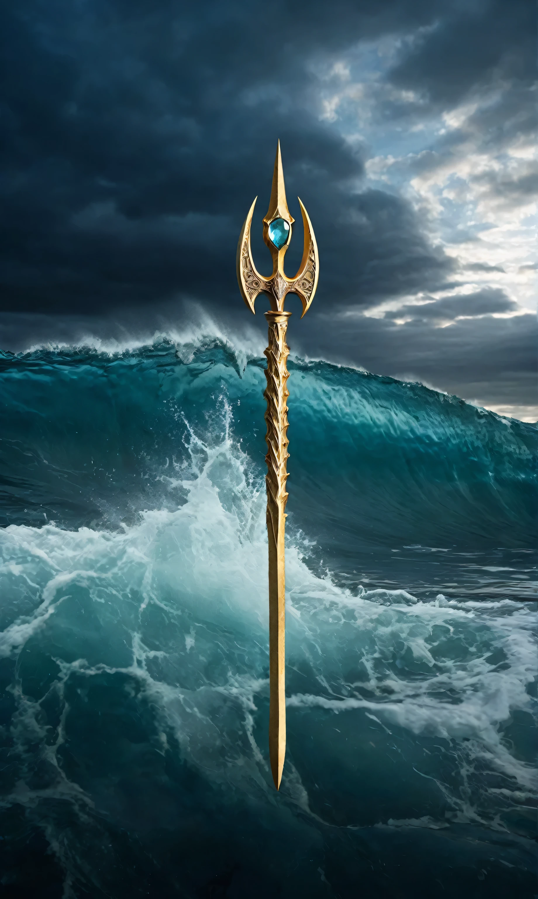 Aquamarine Trident of the Depths, The Aquamarine Trident is a weapon of immense power resembling a trident carved from ancient coral and adorned with shimmering aquamarine gems, Its prongs crackle with electrical energy pulsating with the essence of the ocean depths, With a thrust it commands the tides, summoning colossal waves and fierce whirlpools to engulf enemies, In the hands of a skilled wielder it can control sea creatures and unleash the fury of the ocean upon unsuspecting foes, masterpiece, best quality, hyper detailed, ultra detailed, UHD, dof, hyper-realism, majestic, awesome, inspiring, cinematic, deep blacks, cinematic composition, soft shadows, national geographic style, wide shot, long shot, far away, bokeh, detailed background, ocean, water flowing around trident,
