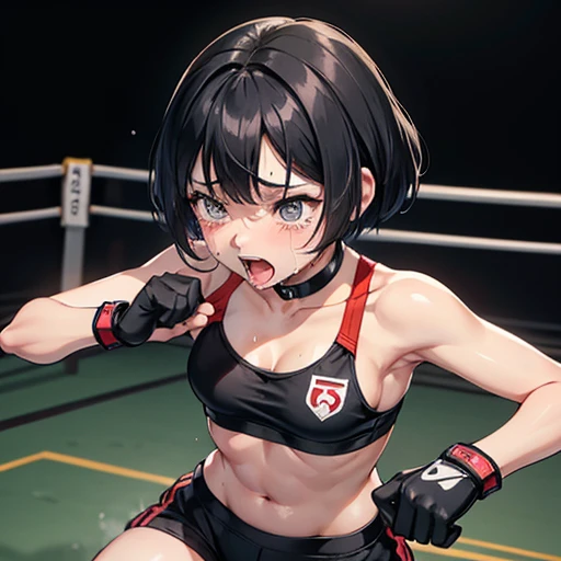 Cute Japanese high school girl with short-cut black hair. She is on all fours with her hands and knees on a mixed martial arts ring. She is shedding a lot of tears. She is crying a lot. She is screaming. Sports bra, bikini pants, open finger gloves. Very sweaty, slender body, poor body, Small breasts. poor belly, 