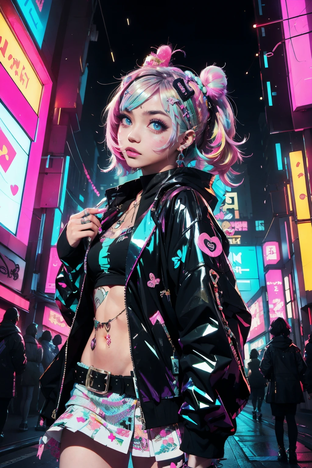 This is a cool cyberpunk and ornate (masterpiece). Generate a trendy decora woman in the colorful and busy streets of cyberpunk Akihabara, Tokyo. Generate a lovely decora and cyberpunk adult woman in the style of Artstation and cyberpunk Harajuku street fashion. Her clothes are vibrant in the Harajuku style. Include oversized accessories, neon colors, and inventive layering. The woman's clothes and accessories should be highly ornate in the ((((Harajuku decora)))) and cyberpunk kei style. The woman's hair is curly and glossy and styled cutely. The woman's clothes and accessories should be highly ornate in the Harajuku decora and decora kei style. Her eyes are important and stunning, with interesting coloring and patterns. ((((iridescence and shimmer)))), glitter, best eyes, best quality, cyberpunk kei, visual kei, selfie, bold colors and patterns, LED lights, ((glowing neon signs)), ((ultra detailed)), ((dynamic composition)), (((decora)))