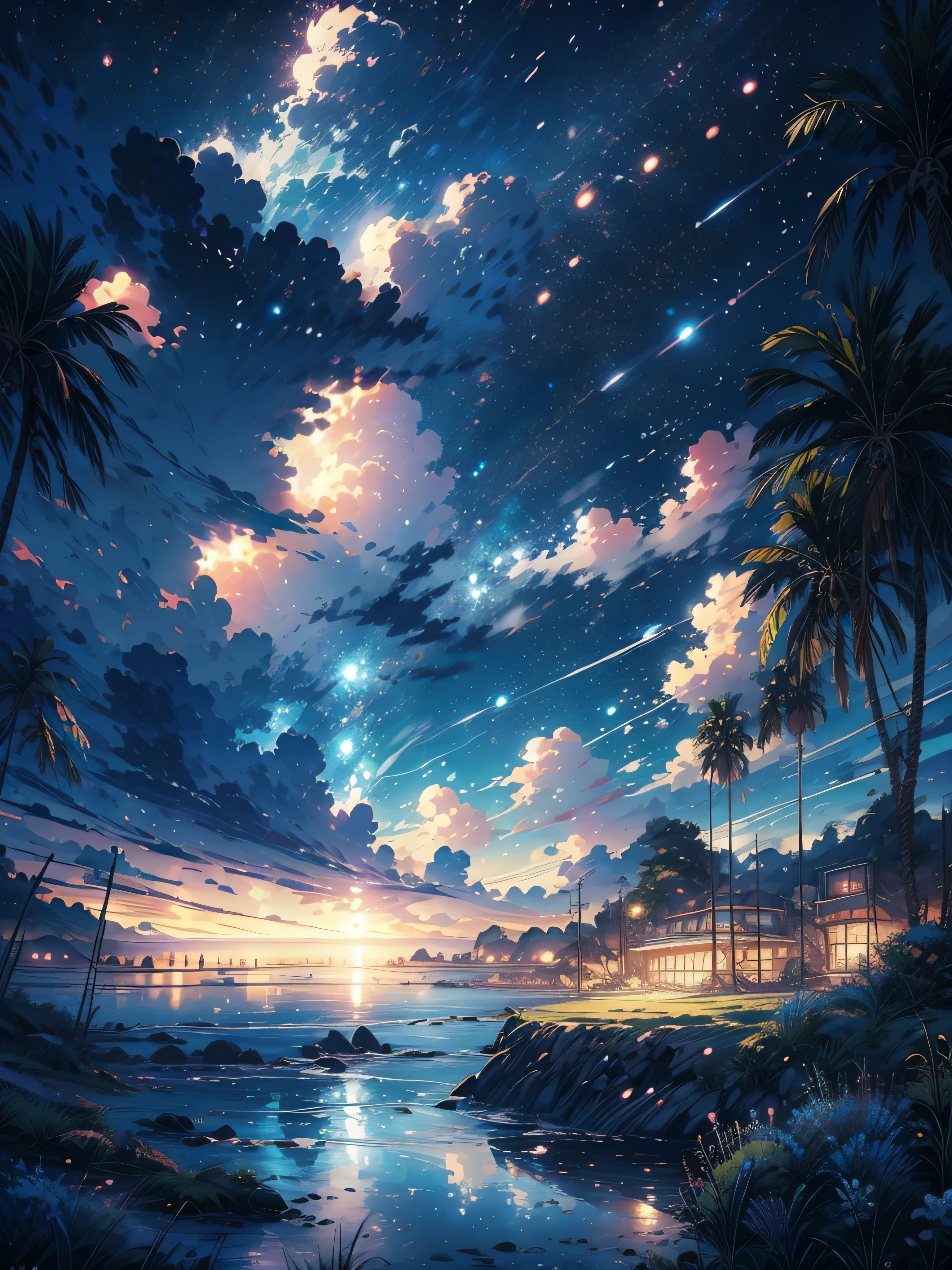 A emotional landscape scene with sky and clouds, drawing by Makoto Shinkai, trending on pixiv, magical realism, beautiful anime scene, cosmic skies. by makoto shinkai, ( ( makoto shinkai ) ), by makoto shinkai, anime background art, style of makoto shinkai
