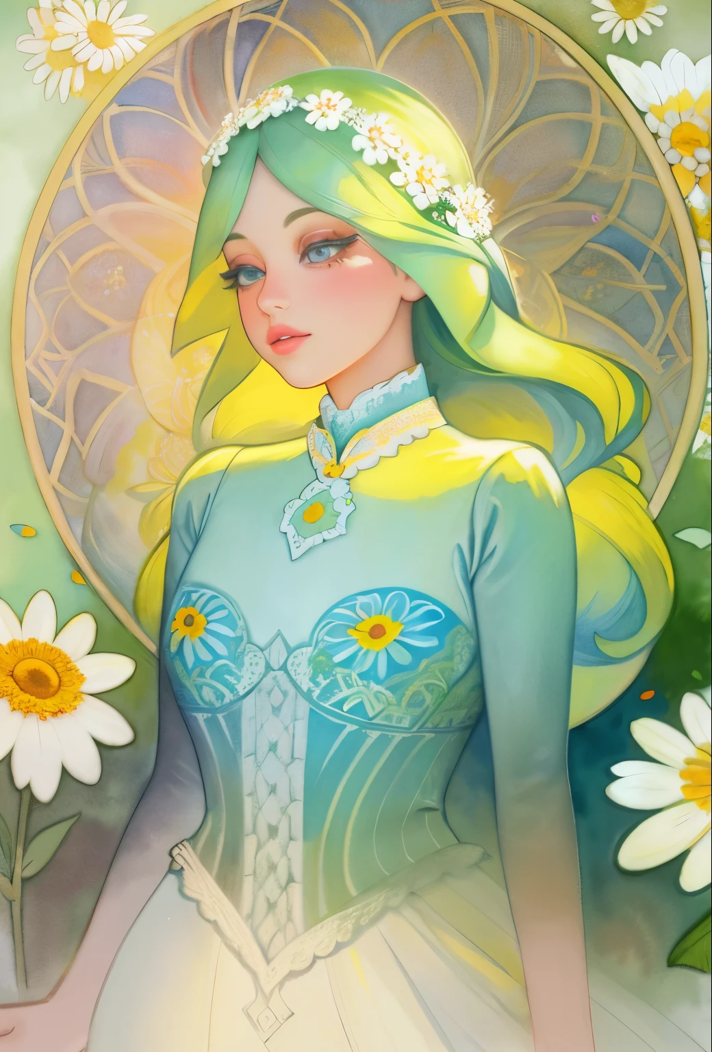 A girl in a garden, medium: watercolor painting, beautiful detailed eyes, beautiful detailed lips, extremely detailed eyes and face, long eyelashes, 1girl, Paper Daisy (Xerochrysum bracteatum), detailed flower petals, vibrant colors, soft lighting, best quality, realistic. oil on linen