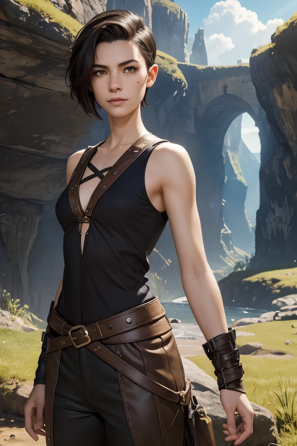 A happy young woman with an undercut in a fantasy setting. An adventurer and a ranger. Very androgynous looking. In a good mood. Sympathic. Tomboyish. Androgynous. Slim body. Very . Very small breasts. Wide hips. Thick legs. Face: Extremly pale skin with liverspots and freckles. Soft narrow face with a round chin. Soft small jaw. Big forehead. Very thin barely visible eyebrows. Upturned big dark-brown eyes. Dark-brown eyecolour. Very long and wide nose. Big curved lips. Very short dark-brown hair. A boyish short haircut. Undercut. Sides shaved. A tight fantasy outfit of a lonley adventurer and ranger with a tank top. Background: Bright open wide green plains and a blue sky. 