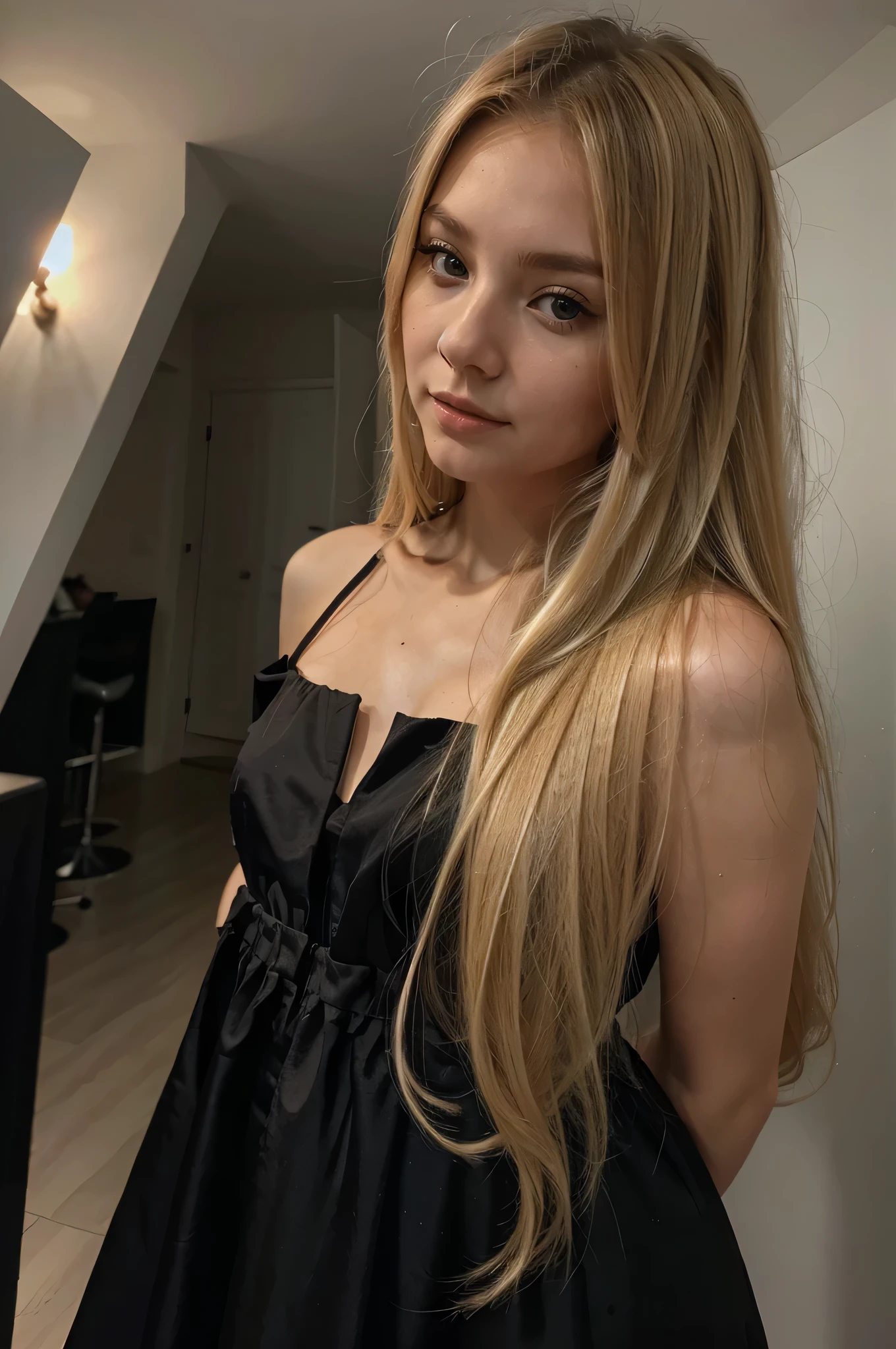 Blonde girl takes a selfie in a black dress ,Highest image quality、8K, long hair、Ultra clean face