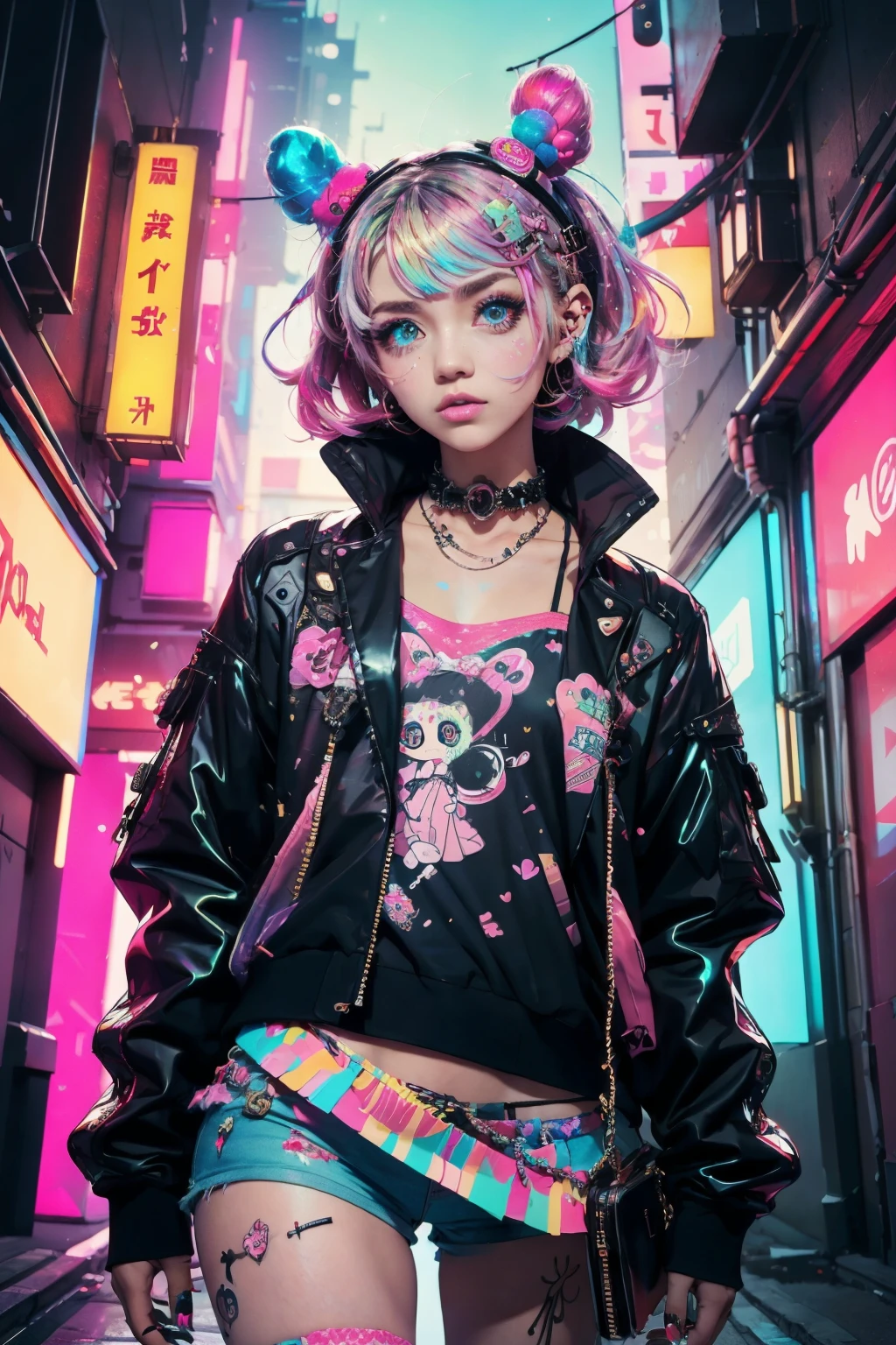 This is a cool cyberpunk and ornate (masterpiece). Generate a trendy decora woman in the colorful and busy streets of cyberpunk Akihabara, Tokyo. Generate a lovely decora and cyberpunk adult woman in the style of Artstation and cyberpunk Harajuku street fashion. Her clothes are vibrant in the Harajuku style. Include oversized accessories, neon colors, and inventive layering. The woman's clothes and accessories should be highly ornate in the ((((Harajuku decora)))) and cyberpunk kei style. The woman's hair is curly and glossy and styled cutely. The woman's clothes and accessories should be highly ornate in the Harajuku decora and decora kei style. Her eyes are important and stunning, with interesting coloring and patterns. ((((iridescence and shimmer)))), glitter, best eyes, best quality, cyberpunk kei, visual kei, selfie, bold colors and patterns, LED lights, ((glowing neon signs)), ((ultra detailed)), ((dynamic composition)), (((decora)))