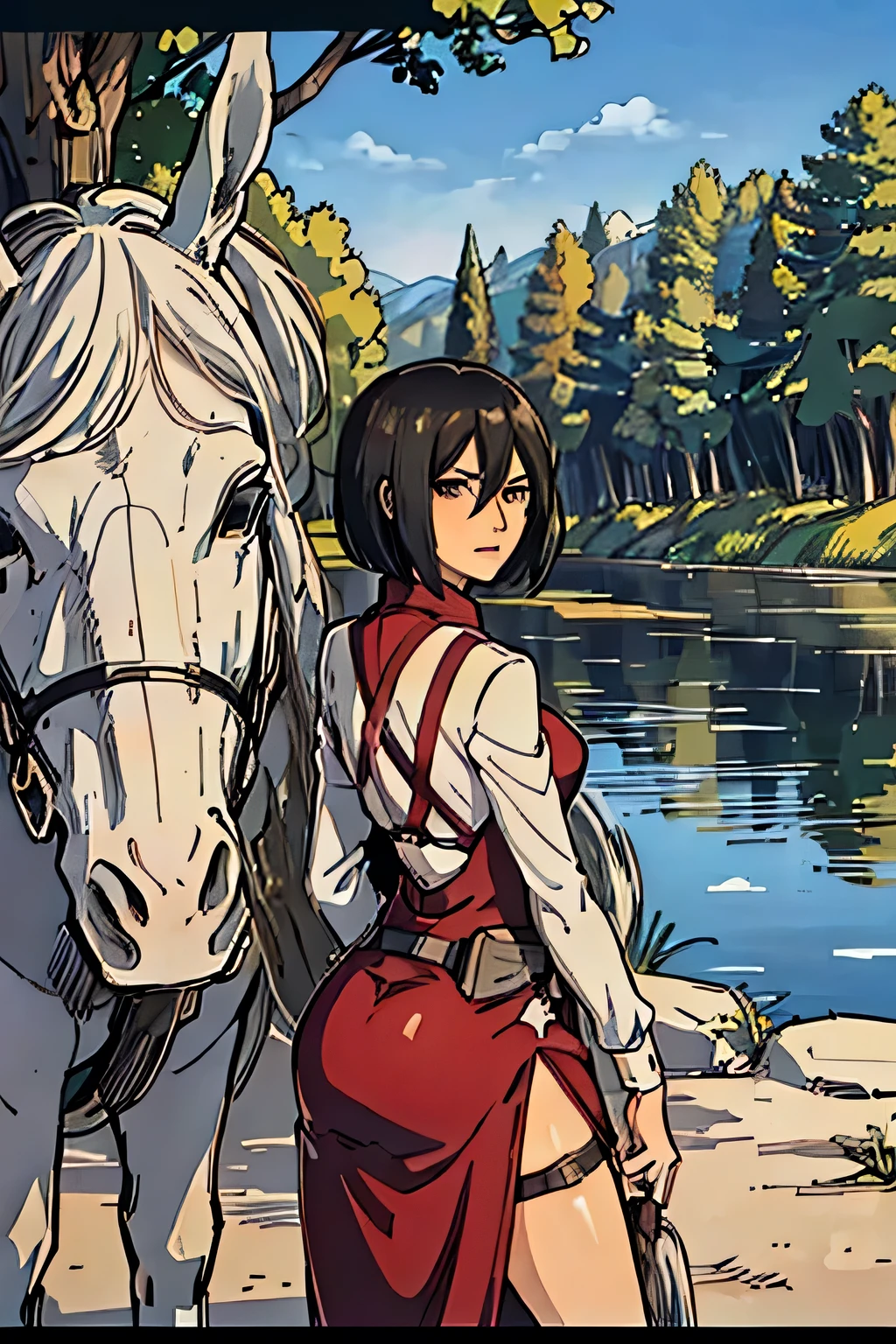 Short hair(mikasa hair cut), face detail, arrogant look, angry, 
Thick thighs, thick ass, detail outfit, wearing bodystuck long dress, change top outfit's colour into white, (top is white colour), add a new background, a tree and a horse(behind the girl),landscape, (A regular horse) , tree nature