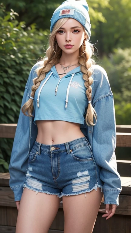 1girl, shorts, solo, denim, hat, long hair, beanie, looking at viewer, denim shorts, hood, navel, realistic, jewelry, midriff, hoodie, short shorts, twin braids, blonde hair, blue eyes, necklace, braid, outdoors, cutoffs, crop top, hood down, long sleeves, cropped hoodie, green hoodie, cowboy shot, lips, sleeves past wrists, night, standing, drawstring
