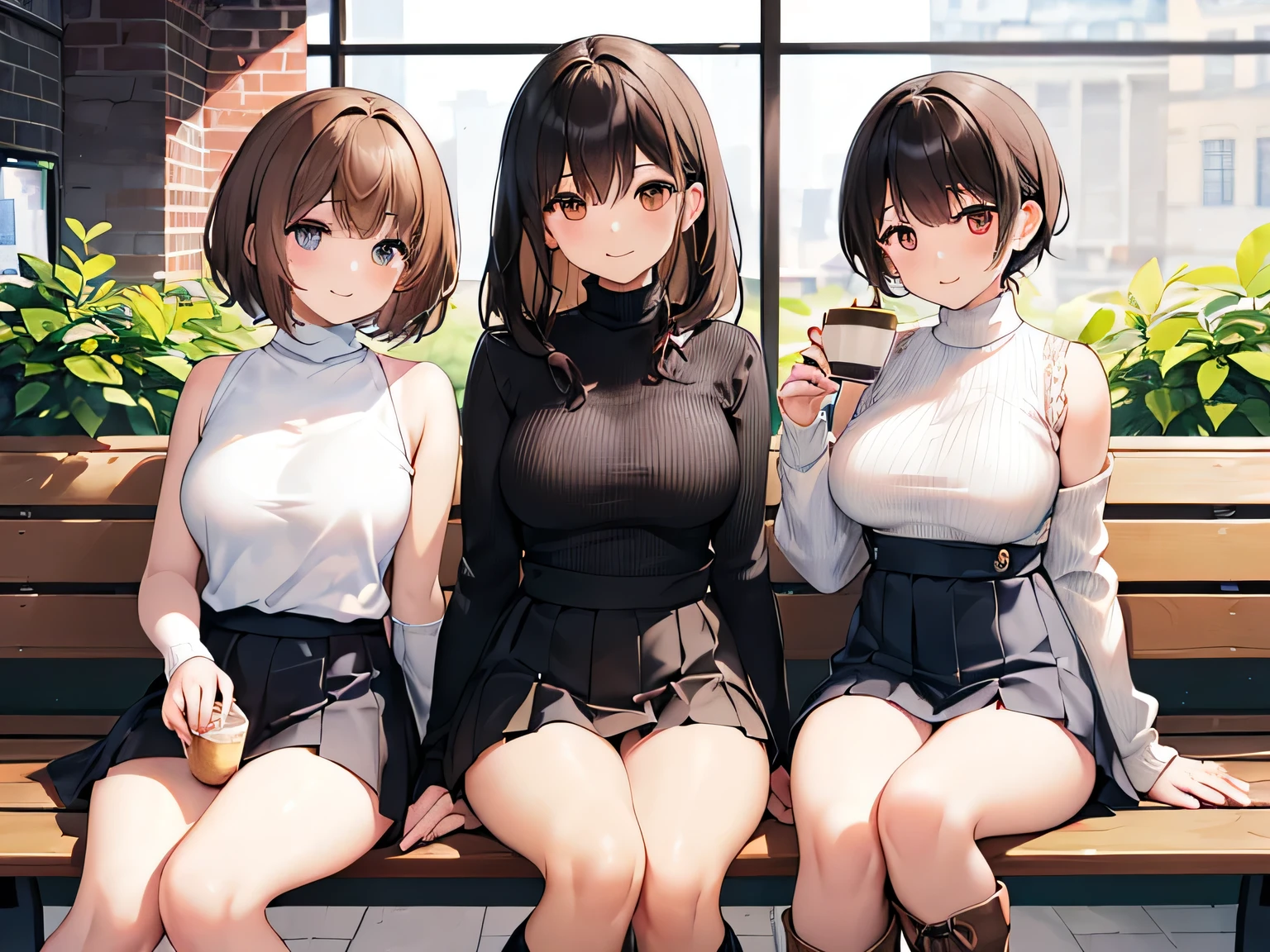 (masterpiece、highest quality、High resolution、Realistic photo、Real looking skin:1.1)、
(Three women are sitting side by side on benches in a cafe:1.8)、
(Smiling happily:1.5),
(The first person was wearing a black sleeveless turtleneck knit and a pleated mini skirt.、She is wearing brown knee-length boots、I have long black hair:1.5)、
(The second person is wearing a blue short-sleeved turtleneck sweater and a pleated he is wearing brown knee-length boots、She has short brown hair.:1.5)、
(The third girlfriend is wearing a white short-sleeved V-neck knit and a pleated he is wearing brown knee-length boots、It&#39;s short black hair:1.5)、
(The location is a cafe bench.:1.5)、
Full Body Esbian、Beautiful Eyes、Shining Eyes、Shining thighs、NSFW