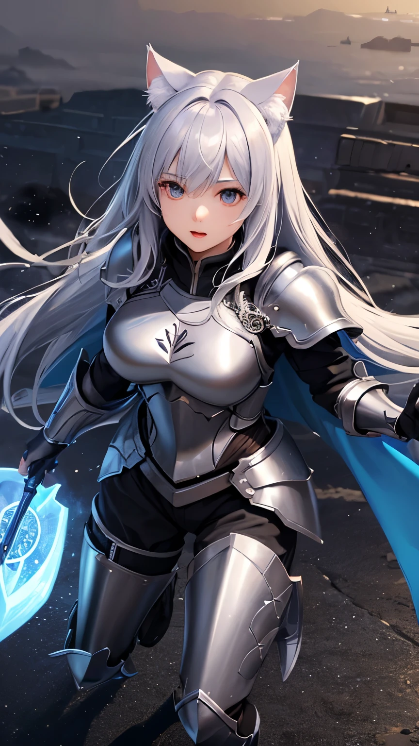 ((Highest quality))、((8K))、((Wizard))、((Wife))、Slit eyes、Adult women、whole body、(armor)、((whole bodyarmor))、Cat ear、Gray Hair、long hair、((battlefield))、Cape、((Real))、Big Breasts、pants、((commander))、