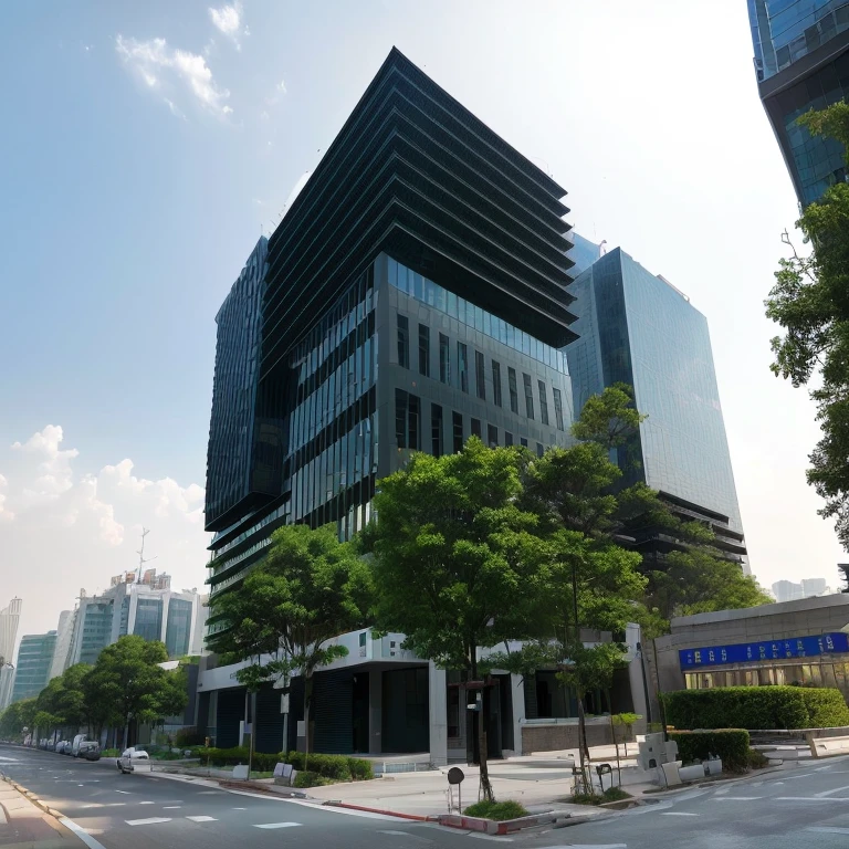 Buildings and trees in the foreground々Arabian view of a street with, office building, Modern Technology Building, panoramic, Entire building, 医療Research Facilities, Wide-angle exterior 2022, single building, Shenzhen, headquarters, Research Facilities, Filmed in the early 2020s, exterior wide shot, Jin Shan, Neatly packed buildings