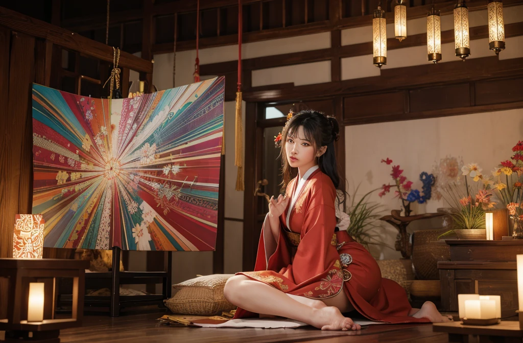 official art, Unity 8K wallpaper, Super detailed, Beautiful and beautiful, masterpiece, best quality, (zendispute, Mandala, dispute, endispute), (Fractal Art:1.3) , 1 Girl, Extremely detailed, Dynamic Angle, Cowboy shooting, Chaos in its most beautiful form, elegant, brutalist design, Red Kimono, Thai massage, Myanmar Shan traditional clothing, Red Dress, bright colors, romance history