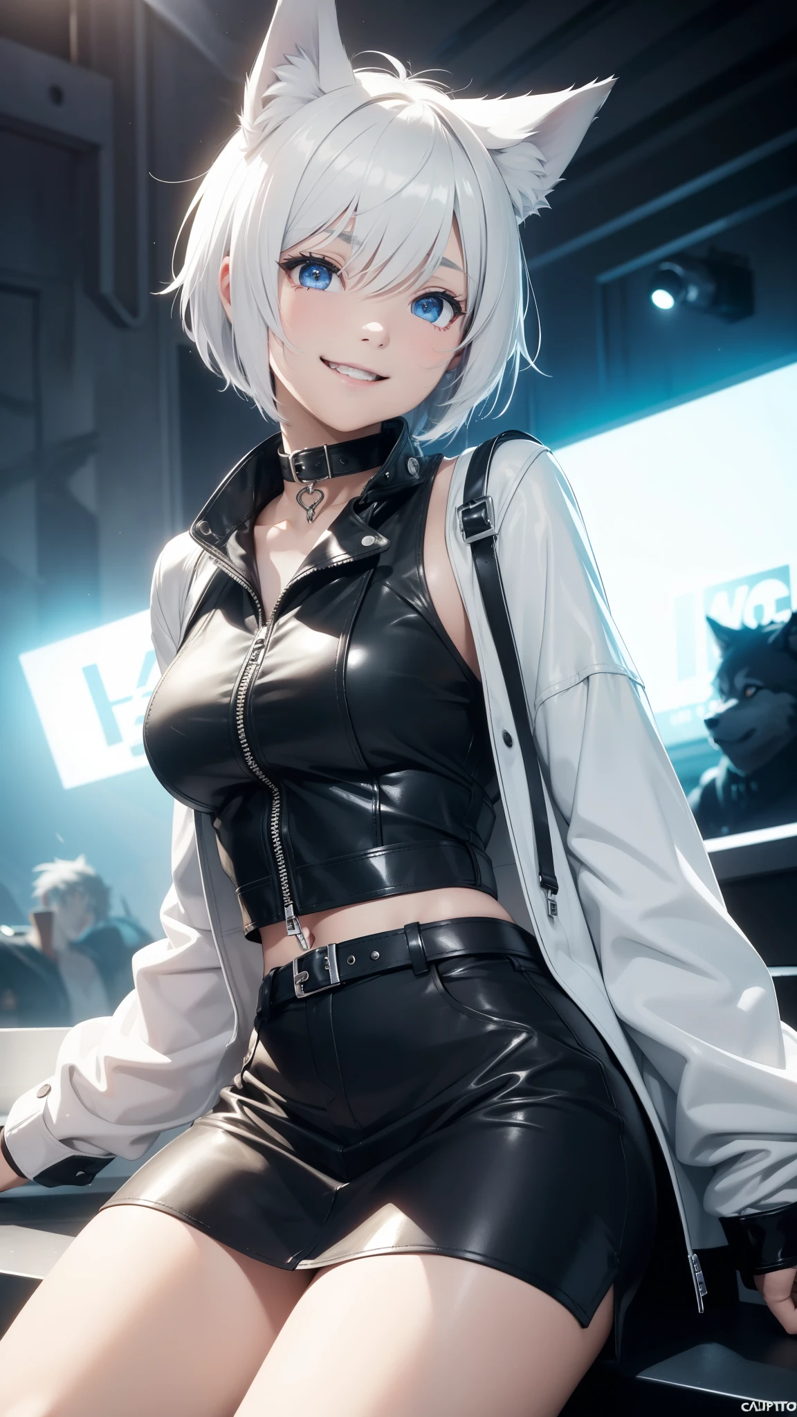 Masterpiece, wide smile, boyish girl with short (white hair), solo, (half shaved hair style), (happy face expression), ((has wolf ears, has wolf tail)), (wearing leather jacket, leather skirt), (chocker, collar), thick thighs, wide hips, solo, alone, no wolves, has glowing blue eyes, flat chest,Comics, fantasia, sfw, playing on guitar, video clip, storytelling