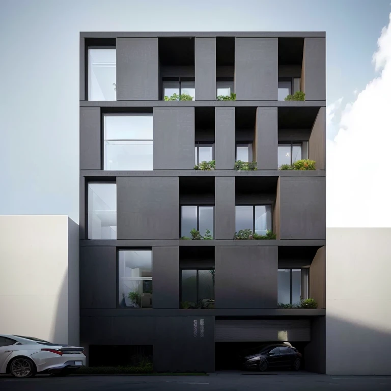A building in Arafed with many windows and plants on top, Building orientation, single building, Entire building, Freddie Mamani Silvestre Facade, Wide-angle exterior 2022, architectural rendering, vertical architecture, architectural rendering, Realistic architecture, Mysterious appearance, Architectural shots, minimal structure, architectural renderinging, precise architectural renderinging, Contemporary Architectural Design