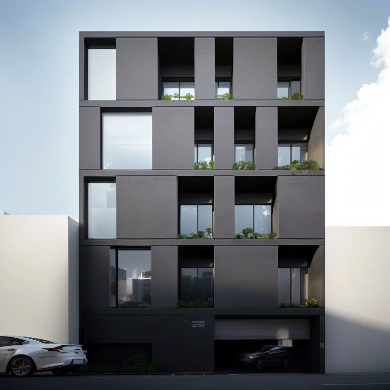 A building in Arafed with many windows and plants on top, Building orientation, single building, Entire building, Freddie Mamani Silvestre Facade, Wide-angle exterior 2022, architectural rendering, vertical architecture, architectural rendering, Realistic architecture, Mysterious appearance, Architectural shots, minimal structure, architectural renderinging, precise architectural renderinging, Contemporary Architectural Design