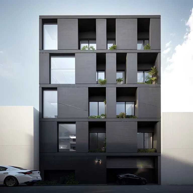 A building in Arafed with many windows and plants on top, Building orientation, single building, Entire building, Freddie Mamani Silvestre Facade, Wide-angle exterior 2022, architectural rendering, vertical architecture, architectural rendering, Realistic architecture, Mysterious appearance, Architectural shots, minimal structure, architectural renderinging, precise architectural renderinging, Contemporary Architectural Design
