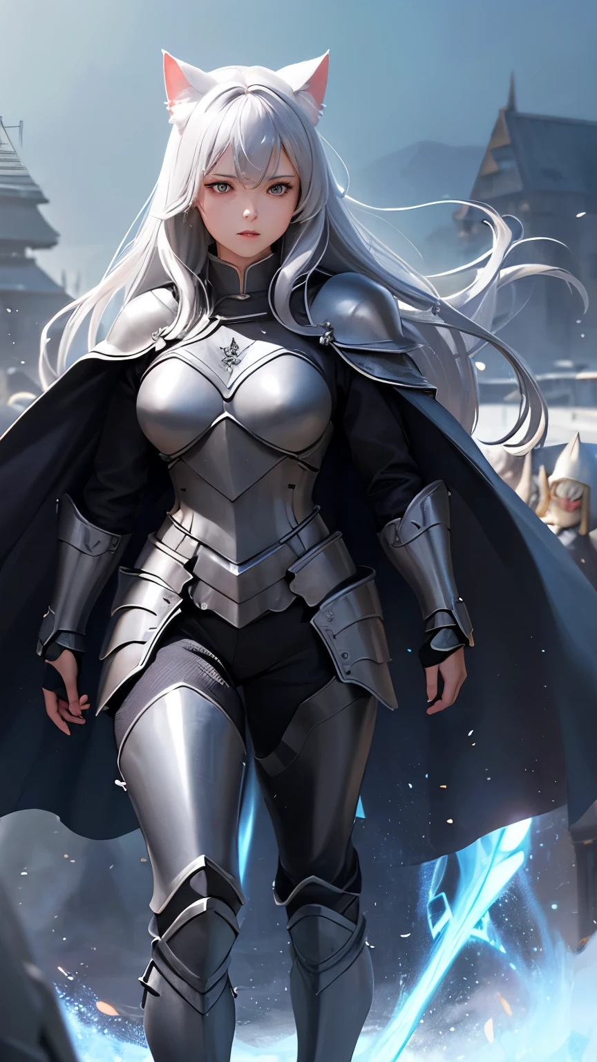 ((Highest quality))、((8K))、((Wizard))、((Wife))、Slit eyes、Adult women、whole body、(armor)、((whole bodyarmor))、Cat ear、Gray Hair、long hair、((battlefield))、Cape、((Real))、Big Breasts、pants、((commander))、
