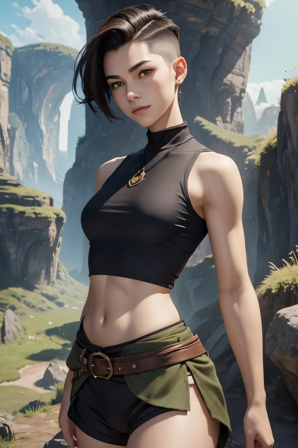 A happy young woman with an undercut in a fantasy setting. An adventurer and a ranger. Very androgynous looking. In a good mood. Sympathic. Tomboyish. Androgynous. Slim body. Very . Very small breasts. Wide hips. Thick legs. Face: Extremly pale skin with liverspots and freckles. Soft narrow face with a round chin. Soft small jaw. Big forehead. Very thin barely visible eyebrows. Upturned big dark-brown eyes. Dark-brown eyecolour. Very long and wide nose. Big curved lips. Very short dark-brown hair. A boyish short haircut. Undercut. Sides shaved. A tight fantasy outfit of a lonley adventurer and ranger with a tank top. Background: Bright open wide green plains and a blue sky.