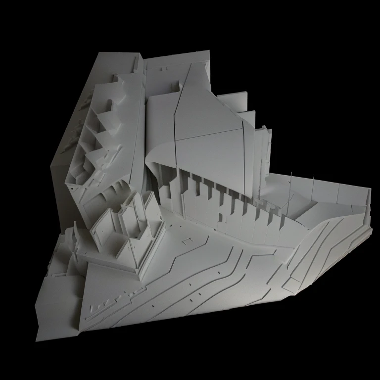 Close-up of a 3D printed model of a building, Cross-sectional model, Concept model, Architectural models, detailed model, Hard surface model, Digital Model, Rendered 3D model, Detailed clay model, Parametric Structure, 3D Rendering Model, architectural concept, tabletop model, Physically Based Rendering, Complete Model, Detailed construction, Architectural scale, Monochrome 3D Model