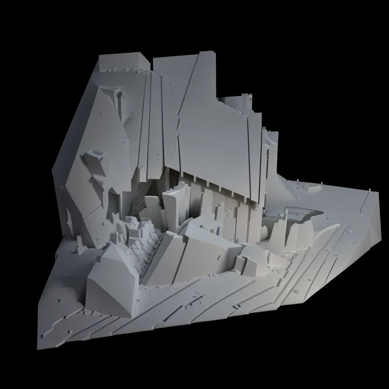 Close-up of a 3D printed model of a building, Cross-sectional model, Concept model, Architectural models, detailed model, Hard surface model, Digital Model, Rendered 3D model, Detailed clay model, Parametric Structure, 3D Rendering Model, architectural concept, tabletop model, Physically Based Rendering, Complete Model, Detailed construction, Architectural scale, Monochrome 3D Model