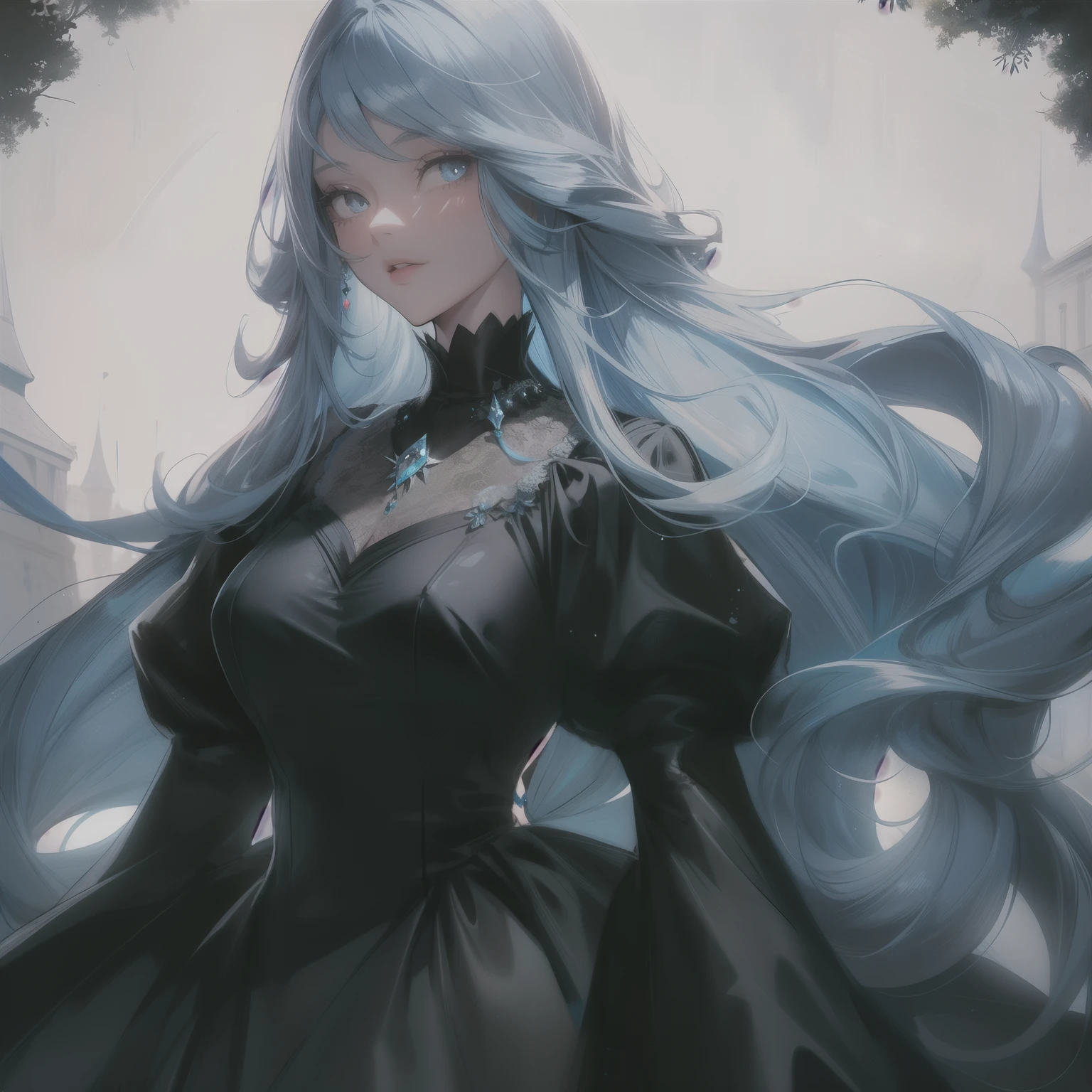 Girl with long light blue hair, girl wearing a black princess dress, adult age, couple, medium size beast