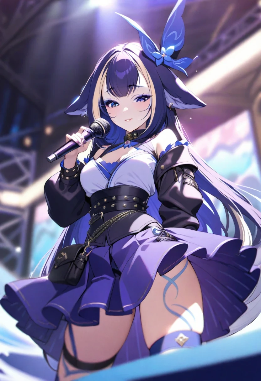 (shylily/(Twich/):1.5),(masterpiece:1.2),(best quality:1.2),1 Elf Girl, Corsage, Self-made, (Self-made Fashion:1.1), Delicate face, , decorate, skirt, Various accessories, (Ear piercing), Punk style, Japanese Subculture, Fashion, stocking, rich and colorful, (Dark circles:1.2), Wave, Holding the microphone, (stage:1.1), (Depth of Field:1.2), (Blurred background:1.2), Clear focus, Looking at the audience, Cowboy shooting,  16K, Ultra HD,