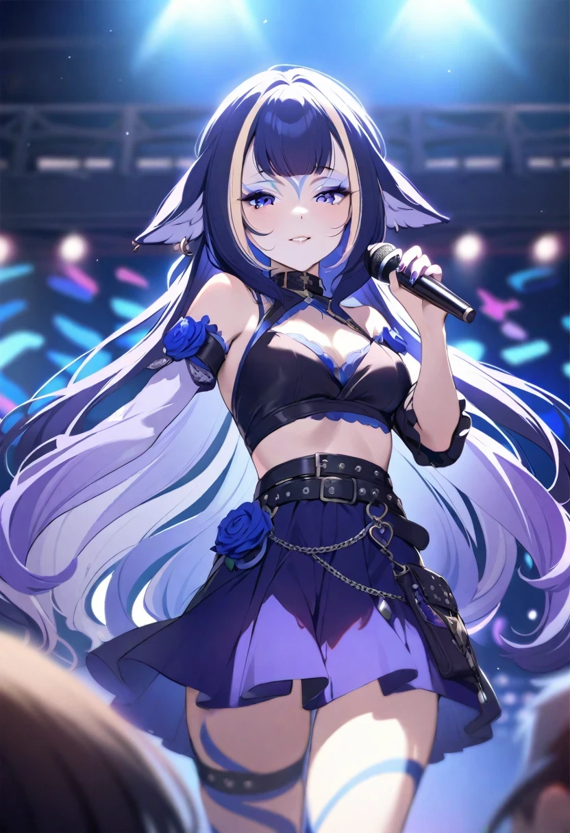 (shylily/(Twich/):1.5),(masterpiece:1.2),(best quality:1.2),1 Elf Girl, Corsage, Self-made, (Self-made Fashion:1.1), Delicate face, , decorate, skirt, Various accessories, (Ear piercing), Punk style, Japanese Subculture, Fashion, stocking, rich and colorful, (Dark circles:1.2), Wave, Holding the microphone, (stage:1.1), (Depth of Field:1.2), (Blurred background:1.2), Clear focus, Looking at the audience, Cowboy shooting, 16K, Ultra HD,