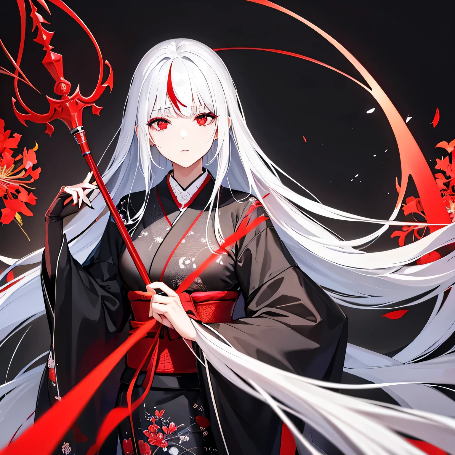 Beautiful woman with gray hair in kimono、Red eyes、Expressionless、Red spider lilies are blooming everywhere..、Black background、Her white hair is down、The whole body is visible、He has a long black scythe、Confused Eyes、There are red spots in the hair、