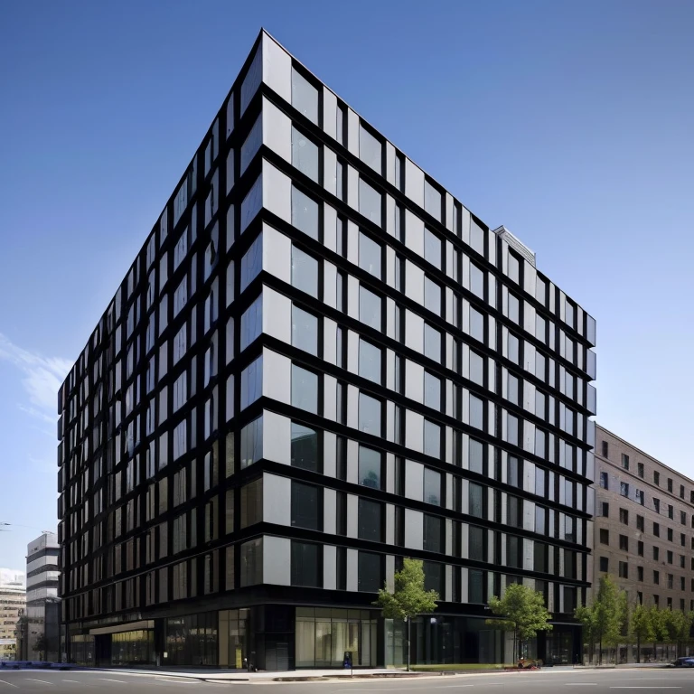 A big black building with many windows on the side, Foster parents and partners, Herzog de Meuron, office building, Sharp, high quality rendering, Entire building, Wide-angle exterior 2022, Sharp focus illustration hq, Filmed in the early 2020s, from ground, arasaka, Lacquer and Steel, Screen capture