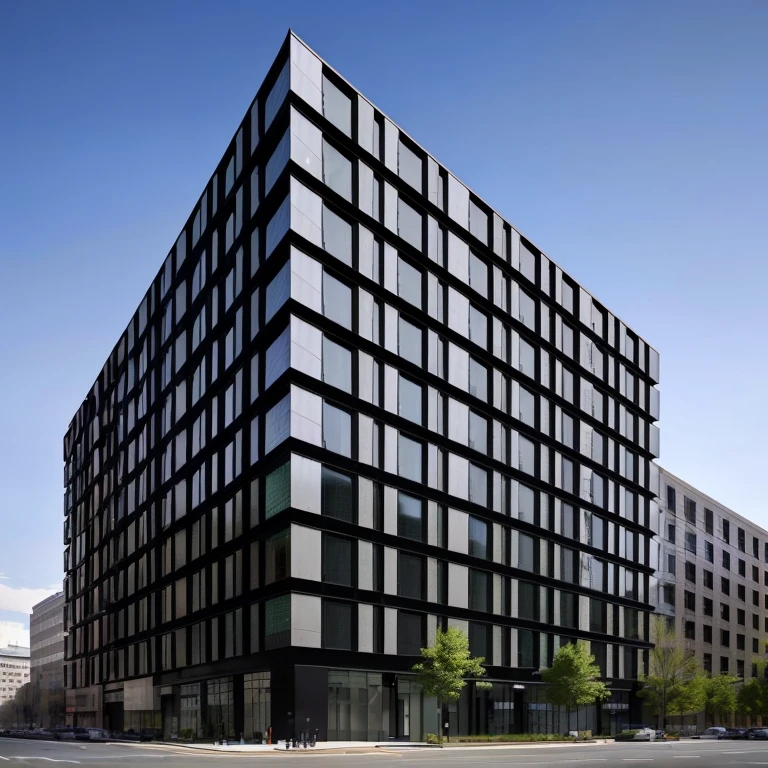 A big black building with many windows on the side, Foster parents and partners, Herzog de Meuron, office building, Sharp, high quality rendering, Entire building, Wide-angle exterior 2022, Sharp focus illustration hq, Filmed in the early 2020s, from ground, arasaka, Lacquer and Steel, Screen capture