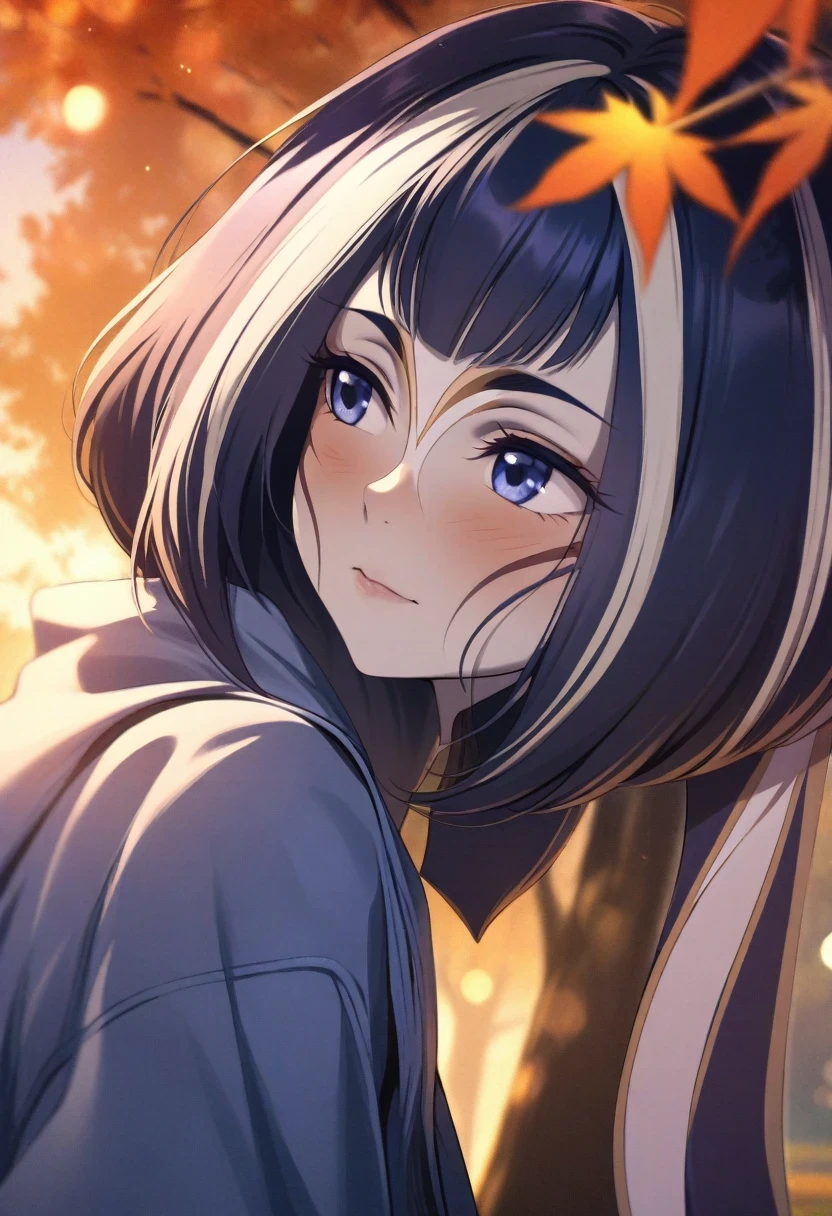 (shylily/(Twich/):1.5),(masterpiece:1.2),(best quality:1.2), Braided hair, Close-up of face, portrait, Blue Jacket, White shirt, twilight, Autumn Leaves, Autumn Park, Bokeh, outdoor, Blue plaid skirt, ((Awkward)), To the side,