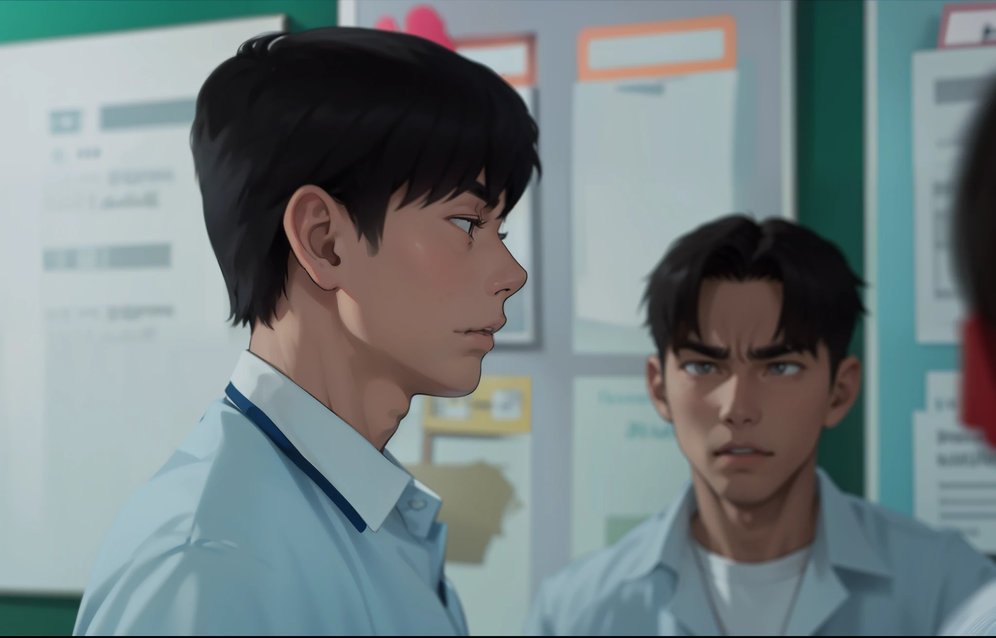 young 16 year old man is looking for someone in that classroom white shirt gray hair he is serious angry gray hair gray eyes