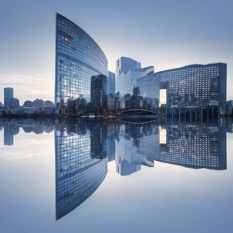 arafected view of a city with a reflection in the water, city reflection, city reflections, Architectural Photographygraphy, detailed reflection, Futuristic cityscape photo, Architectural Photography, sharp detailed reflections, Architectural Photography, Glass buildings, Modern cityscape, with shiny Glass Building, Glass Building, high quality reflections, modern buildings, reflection, detailed reflections