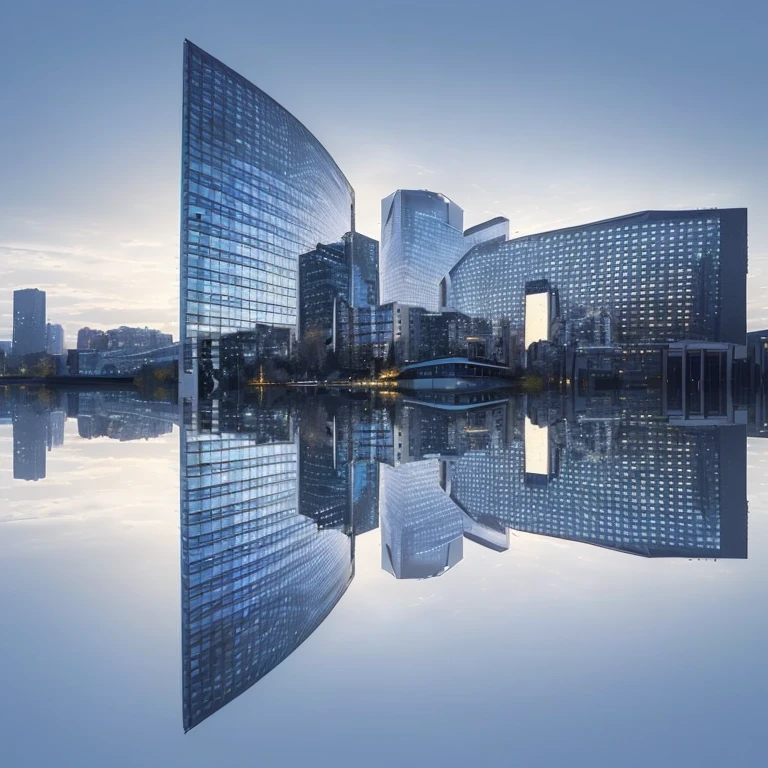 arafected view of a city with a reflection in the water, city reflection, city reflections, Architectural Photographygraphy, detailed reflection, Futuristic cityscape photo, Architectural Photography, sharp detailed reflections, Architectural Photography, Glass buildings, Modern cityscape, with shiny Glass Building, Glass Building, high quality reflections, modern buildings, reflection, detailed reflections