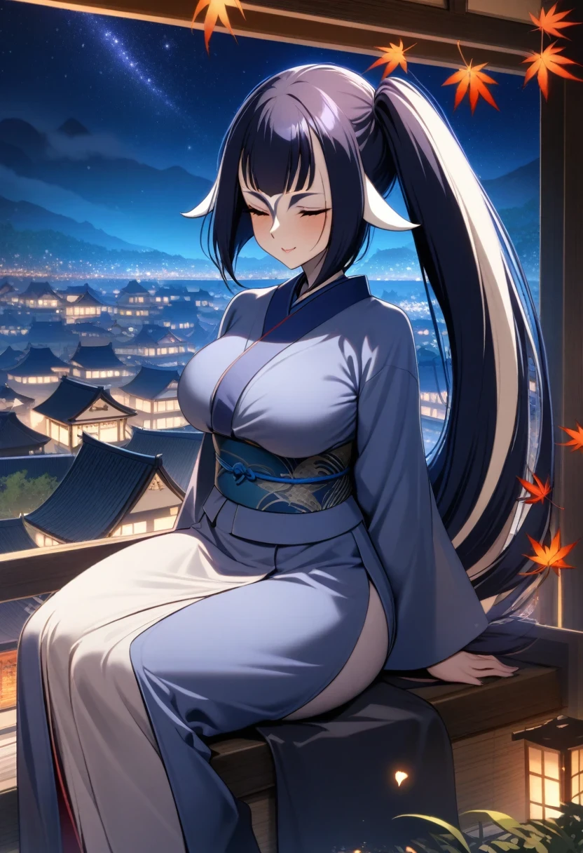 (shylily/(Twich/):1.5),(masterpiece:1.2),(best quality:1.2),Exquisite mature woman, Wide hips, Large Breasts, 1 girl with short hair, Very long hair, Side Ponytail, Traditional Japanese clothing, ((Sitting near the edge of a building)), roof, city View, Seaside city, incredible views, ((at night)), city lights, Glittering, ((Traditional Japanese village)), Autumn leaves flying in the sky, autumn, Starry night sky, distant forest, {{Front view}},