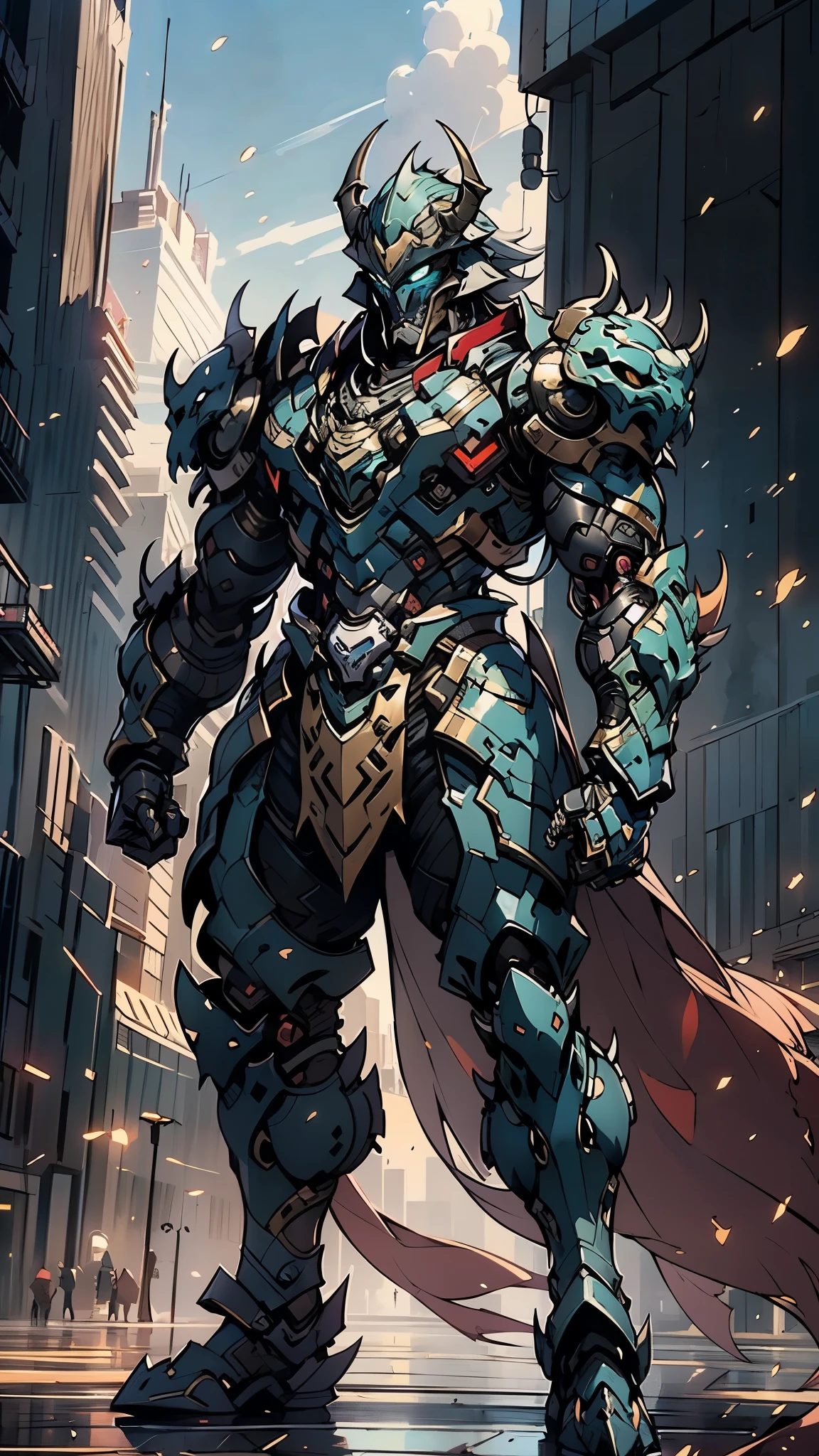 A man wearing a full-face helmet, a fantasy-style biomecha armored combat suit, green eyes, a composite layered chest armor, fully enclosed shoulder guards, matching arm and leg guards, the belt is adorned with dragon claw grasping orbs, primarily black with red accents, the design balances heavy with agility, a high-tech biological armor, concept inspired by dragons,stand on the top of a skyscraper in a futuristic sci-fi city, this character embodies a finely crafted fantasy-surreal style armored hero in anime style, exquisite and mature manga art style, ((male:1.5, element, plasma, energy)), metallic, real texture material, dramatic, high definition, best quality, highres, ultra-detailed, ultra-fine painting, extremely delicate, professional, perfect body proportions, golden ratio, anatomically correct, symmetrical face, extremely detailed eyes and face, high quality eyes, creativity, RAW photo, UHD, 32k, Natural light, cinematic lighting, masterpiece-anatomy-perfect, masterpiece:1.5