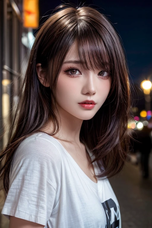 (Best quality, High resolution, Masterpiece :1.3), A pretty woman, Slender figure, Dark brown hair, T-shirt, (Street in city at night), Highly detailed face and skin texture, Detailed eyes, Double eyelid