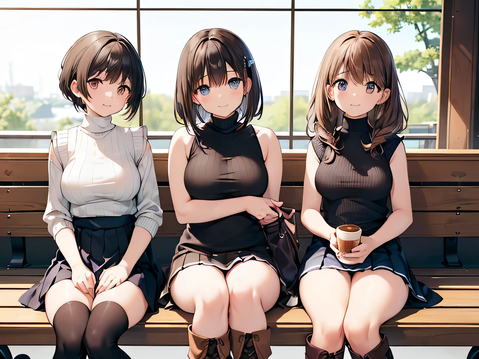 (masterpiece、highest quality、High resolution、Realistic photo、Real looking skin:1.1)、
(Three women are sitting side by side on benches in a cafe:1.8)、
(Smiling happily:1.5),
(The first person was wearing a beige sleeveless turtleneck knit and a pleated mini skirt.、She is wearing brown knee-length boots、I have long black hair:1.5)、
(The second person is wearing a blue short-sleeved turtleneck sweater and a pleated he is wearing brown knee-length boots、She has short brown hair.:1.5)、
(The third girlfriend is wearing a white short-sleeved V-neck knit and a pleated he is wearing black knee-length boots、It&#39;s short black hair:1.5)、
(The location is a cafe bench.:1.5)、
Full Body Esbian、Beautiful Eyes、Shining Eyes、Shining thighs、NSFW