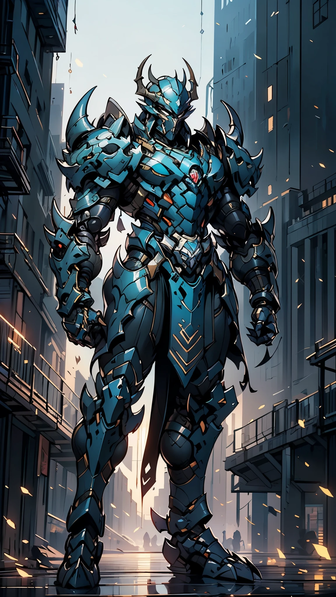 A man wearing a full-face helmet, a fantasy-style biomecha armored combat suit, green eyes, a composite layered chest armor, fully enclosed shoulder guards, matching arm and leg guards, the belt is adorned with dragon claw grasping orbs, primarily black with red accents, the design balances heavy with agility, a high-tech biological armor, concept inspired by dragons,stand on the top of a skyscraper in a futuristic sci-fi city, this character embodies a finely crafted fantasy-surreal style armored hero in anime style, exquisite and mature manga art style, ((male:1.5, element, plasma, energy)), metallic, real texture material, dramatic, high definition, best quality, highres, ultra-detailed, ultra-fine painting, extremely delicate, professional, perfect body proportions, golden ratio, anatomically correct, symmetrical face, extremely detailed eyes and face, high quality eyes, creativity, RAW photo, UHD, 32k, Natural light, cinematic lighting, masterpiece-anatomy-perfect, masterpiece:1.5