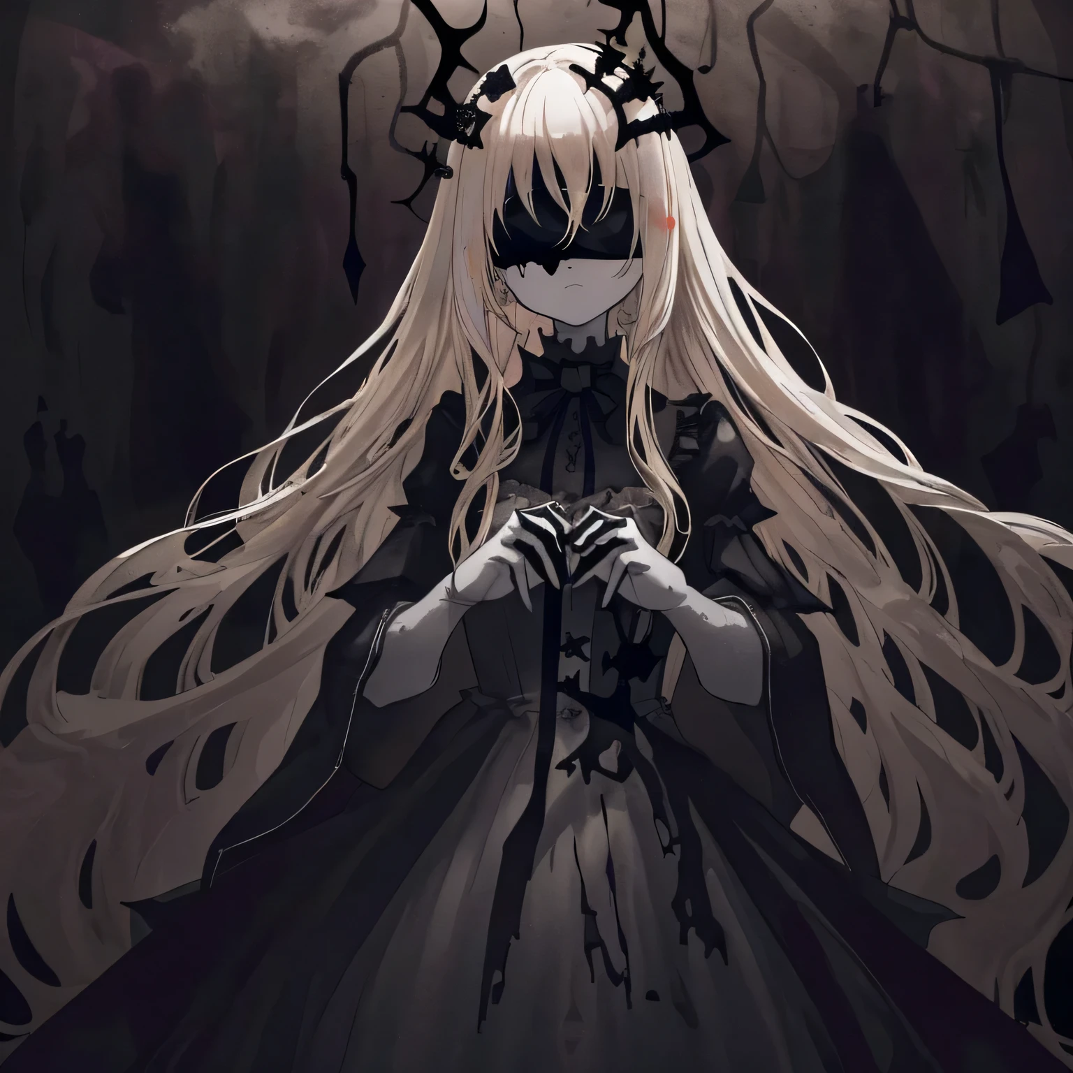 base layer: A spooky basement with a highly complex fractal background based on mystical symbolism, Breaking the middle layer: A girl in a pure white gothic dress, Super long blonde hair with blunt bangs, Split Foreground Layer: Blindfolded, Break Effect Layer: Emphasizes a mysterious and eerie atmosphere, Break Final touches: emphasize gothic, Spooky atmosphere with subtle lighting and shadow effects.