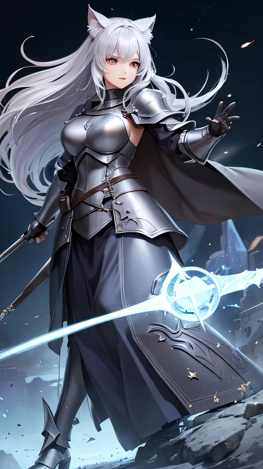 ((Highest quality))、((8K))、((Wizard))、((Wife))、Slit eyes、((Old woman))、whole body、（armor）、((whole bodyarmor))、Cat ear、Gray Hair、long hair、((battlefield))、Cape、((Real))、Big Breasts、Long skirt、((commander))、Cane