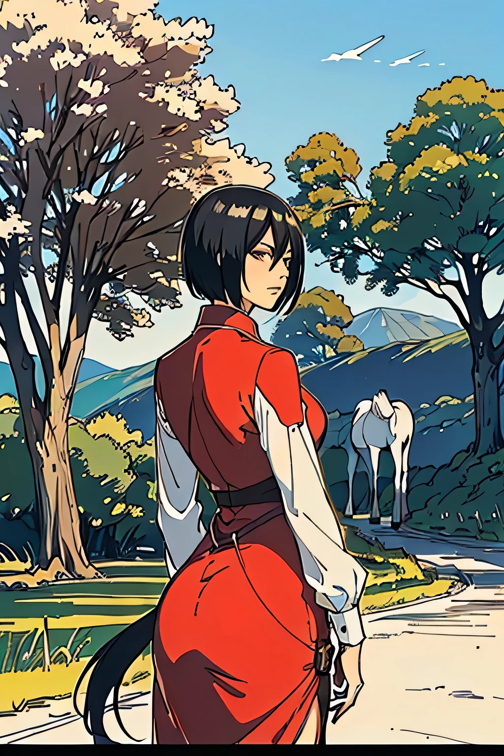 Short hair(mikasa hair cut), face detail, arrogant look, angry, 
Thick thighs, thick ass, detail outfit, wearing bodystuck long dress, change top outfit's colour into white, (top is white colour), add a new background, a tree and a horse(behind the girl),landscape, (A regular horse, a few far away from the girl) , tree nature