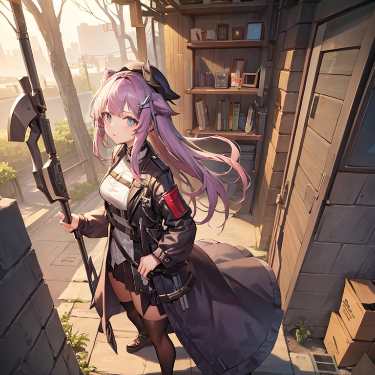 The style is similar to the anime characters in the mobile game Arknights，Race is the film in the game， Loli，From the in-game country Victoria，Occupation is the intelligence unit of the country in the game Gray Hat，Age 18 years，Height 150cm，The hair is pink，She is petite and cute, but can hide her enormous strength under her uniform.，Good appearance，There is a murderous atmosphere，But the walking posture is a bit silly，The weapon is a two-handed axe.，Taller than her，Usually put it behind your back，When danger comes, it will quickly enter combat mode，The background of the characters is the training ground of the combat organization，At this time, she is fully equipped and ready for training.。