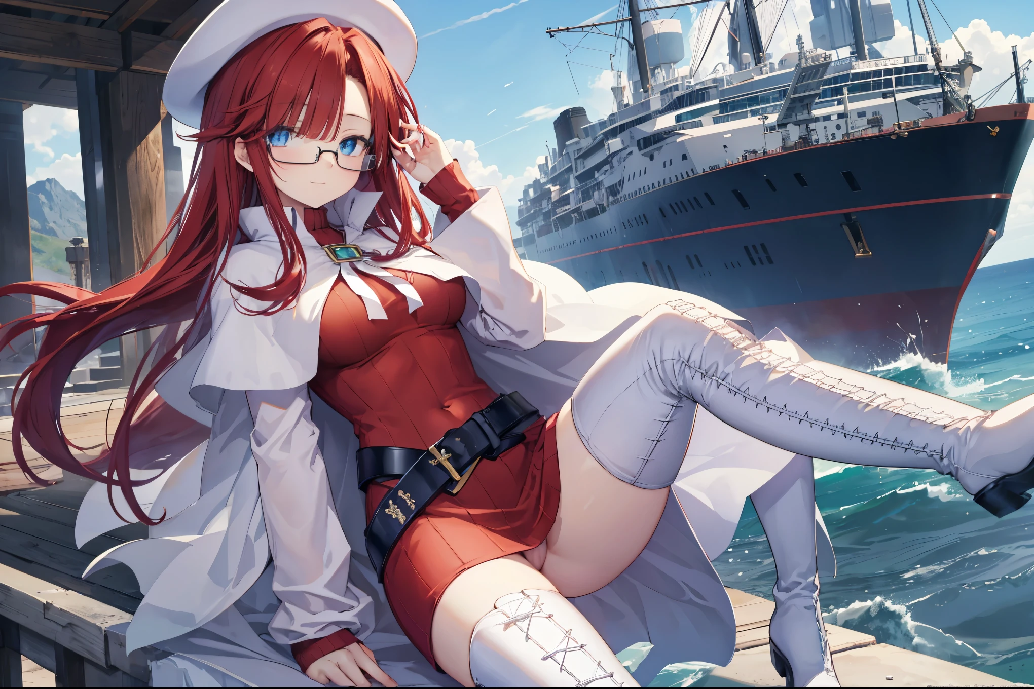 pov,(nsfw:1.2),summonnightaty, aty, (young:1.3),long hair, blue eyes, red hair, beret, hat, glasses,
BREAK long hair, thighhighs, hat, dress, boots, glasses, belt, cape, sweater, zettai ryouiki, beret, thigh boots, white footwear, ribbed sweater, loose belt,solo,
BREAK outdoors, fantasy,on_a_ship,
BREAK (masterpiece:1.2), best quality, high resolution, unity 8k wallpaper, (illustration:0.8), (beautiful detailed eyes:1.6), extremely detailed face, perfect lighting, extremely detailed CG, (perfect hands, perfect anatomy),covered_nipples,covered_navel,light_smile ,(half_eyes:1.4),sword,armpit,sleepy,dynamic_standing,barrel,red_sweater,apart_legs,magical_effect,focus_breasts,spread_legs, Labia minora