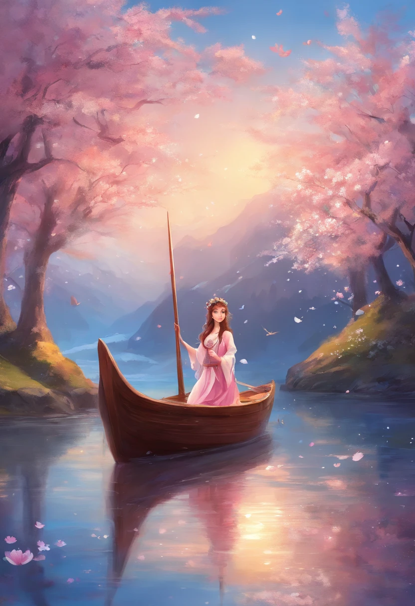 snow maiden, Vesna, cherry blossoms,  Young woman, sailing a boat on the river,  (blue dress) ,Sakura blossoms, white petals fly around.