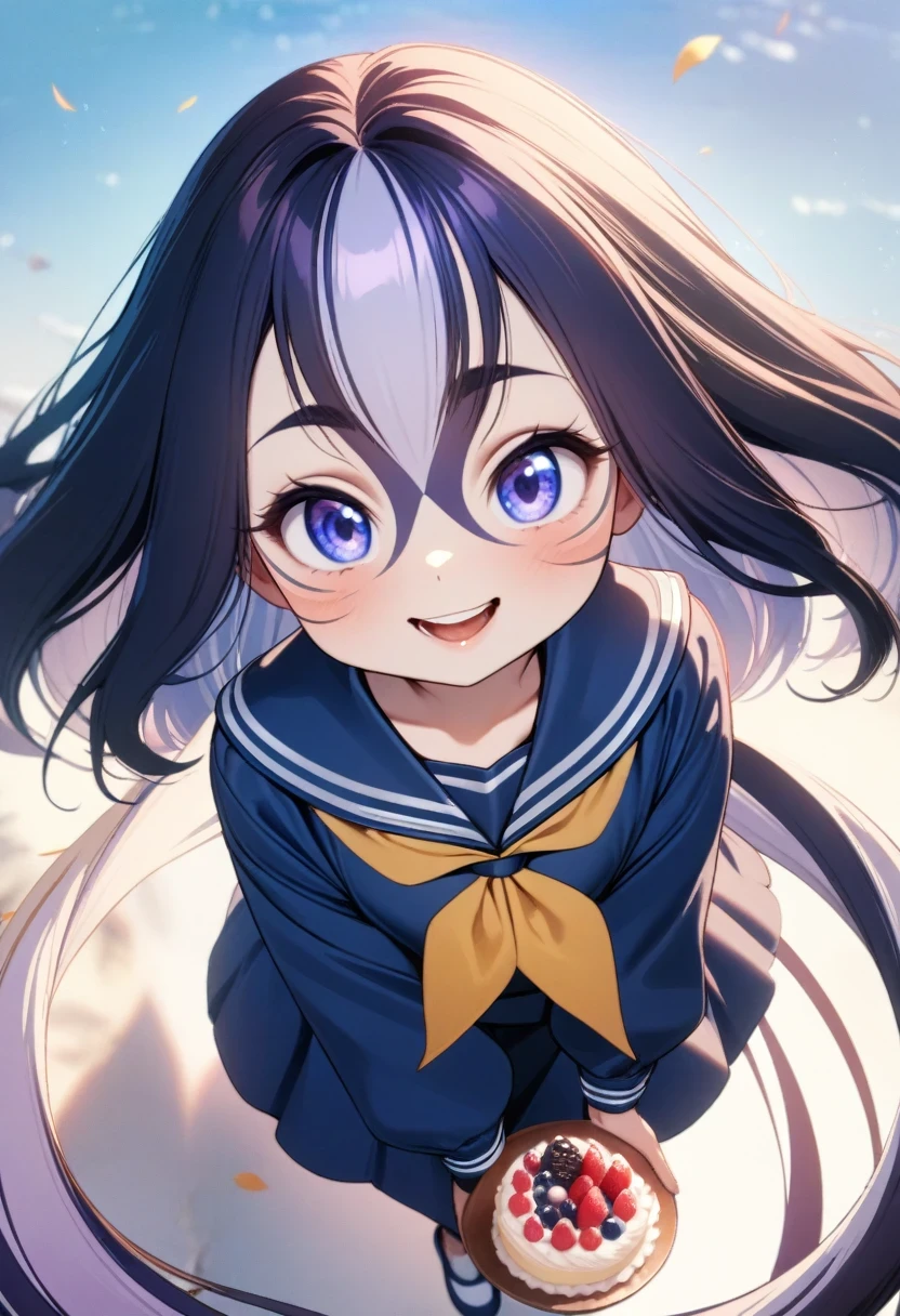 (shylily/(Twich/):1.5),(masterpiece:1.2),(best quality:1.2),8k,best quality,masterpiece,Movie,1 girl(Lovely, Kawaii,child,smile kindly,hair floating,Hair color,Long hair,Eye,Big Eye,Narrow your eyes,eat cake,Sailor Suit,Upper Body,from above,big braest),#background(in,The room is messy,from above)
