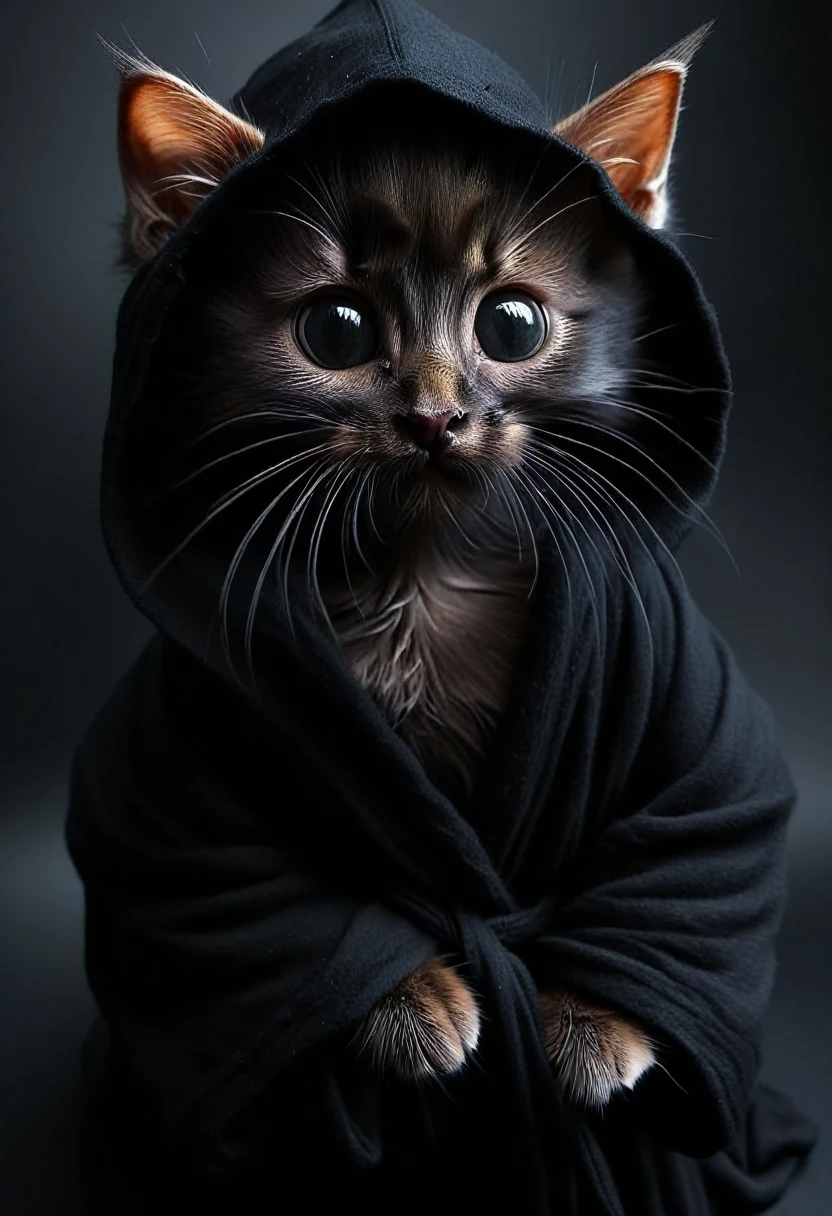 Create the most realistic death in a black robe in pitch black darkness holding real little kitten you can create,